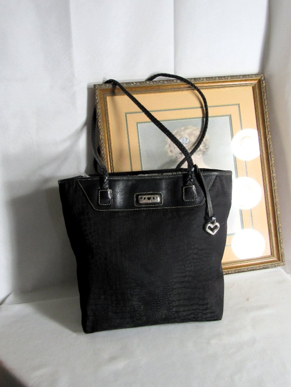 Brighton Black Tote with Heart Charm and Braided Straps